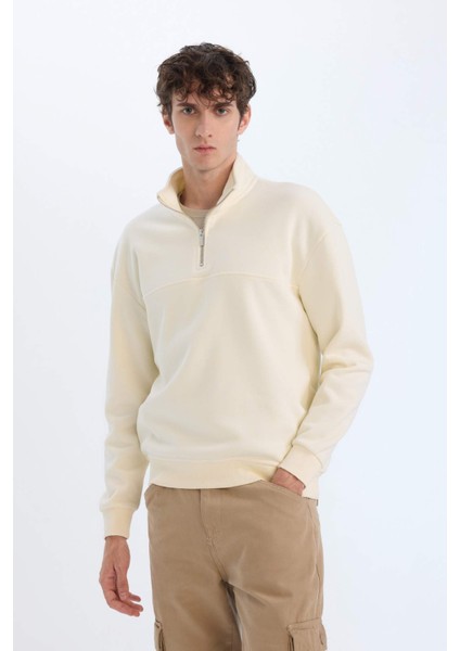 Relax Fit Dik Yaka Fermuarlı Basic Düz Kalın Sweatshirt E5334AX24WN