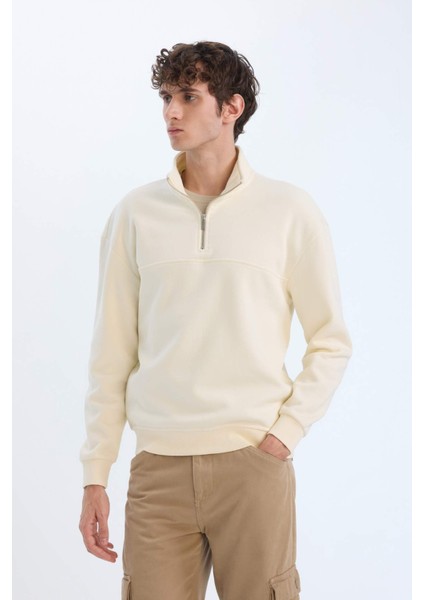 Relax Fit Dik Yaka Fermuarlı Basic Düz Kalın Sweatshirt E5334AX24WN