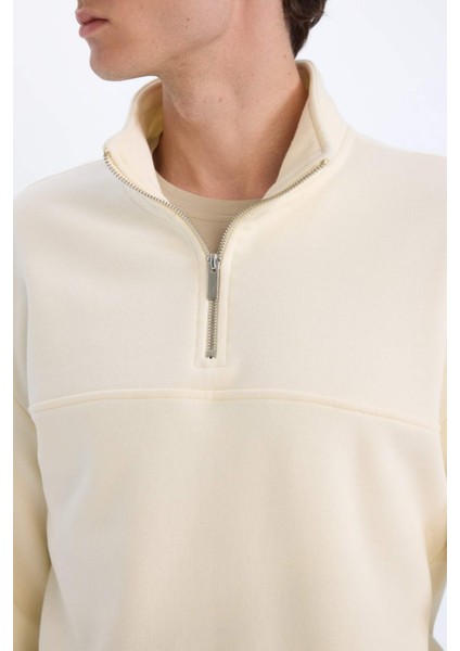Relax Fit Dik Yaka Fermuarlı Basic Düz Kalın Sweatshirt E5334AX24WN
