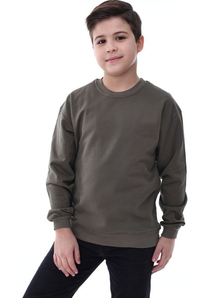 Basic Bisiklet Yaka Şardonlu Çocuk Sweatshirt 3-10 Yaş Haki