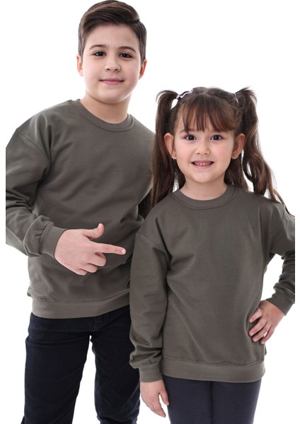 Basic Bisiklet Yaka Şardonlu Çocuk Sweatshirt 3-10 Yaş Haki