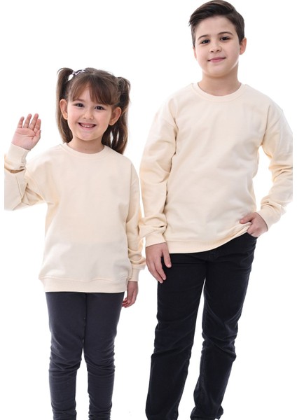 2'li Basic Şardonlu Çocuk Sweatshirt 3-10 Yaş Pudra-Krem