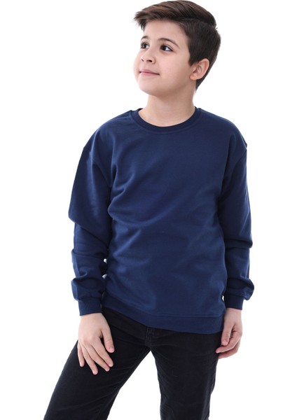 Unisex Basic Bisiklet Yaka Şardonlu Çocuk Sweatshirt 3-10 Yaş Lacivert