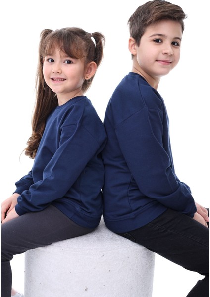 Unisex Basic Bisiklet Yaka Şardonlu Çocuk Sweatshirt 3-10 Yaş Lacivert