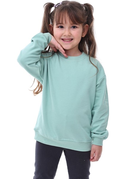 Basic Bisiklet Yaka Şardonlu Çocuk Sweatshirt 3-10 Yaş Su Yeşil