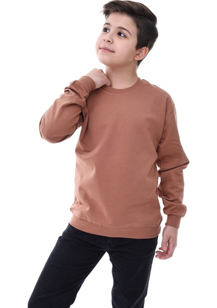 Basic Bisiklet Yaka Şardonlu Çocuk Sweatshirt 3-10 Yaş Kahverengi