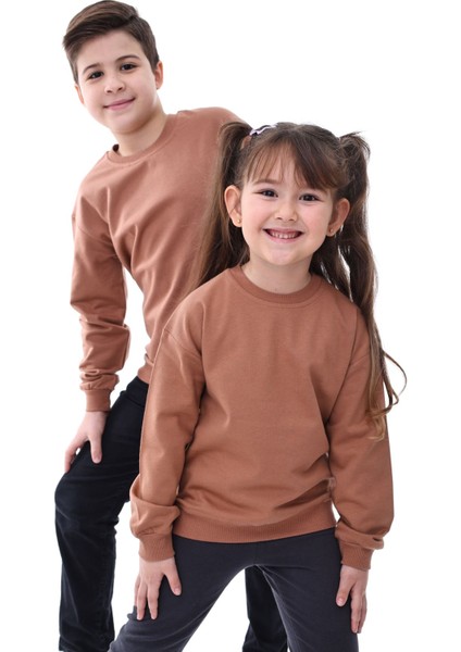 Basic Bisiklet Yaka Şardonlu Çocuk Sweatshirt 3-10 Yaş Kahverengi