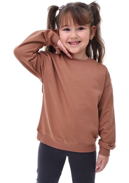 Basic Bisiklet Yaka Şardonlu Çocuk Sweatshirt 3-10 Yaş Kahverengi