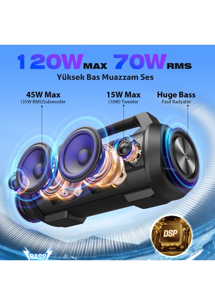 W-Kıng D10 Bluetooth Hoparlör 120W Partybox 42S Dinleme Işıklı Ipx6 Kablosuz Stereo Tws Ses Bombası Siyah