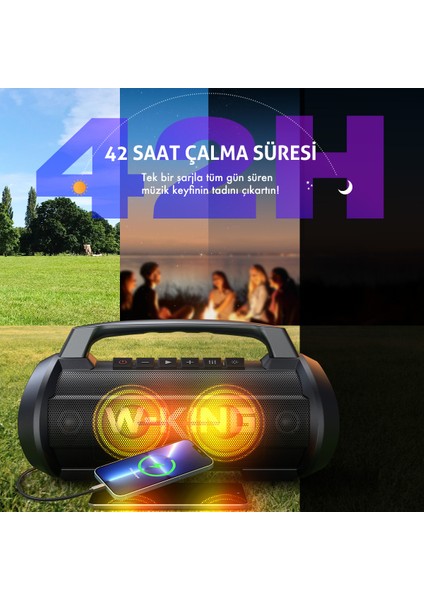 W-Kıng D10 Bluetooth Hoparlör 120W Partybox 42S Dinleme Işıklı Ipx6 Kablosuz Stereo Tws Ses Bombası Siyah