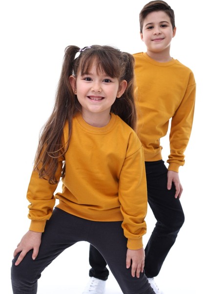 Basic Bisiklet Yaka Şardonlu Çocuk Sweatshirt 3-10 Yaş Hardal