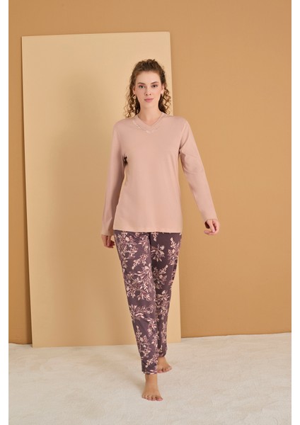 V Yaka Nakış Detaylı Uzun Kollu Kadın Pijama Takımı 3113