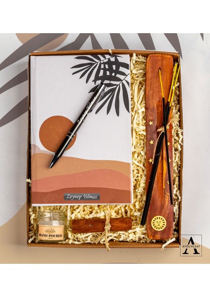Kişiye Özel Tasarım Defter ve Tükenmez Kalem - Ahşap Tütsülük - 4 Adet Tütsü - Mum Hediye Seti