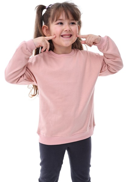 Basic Bisiklet Yaka Şardonlu Çocuk Sweatshirt 3-10 Yaş Pudra
