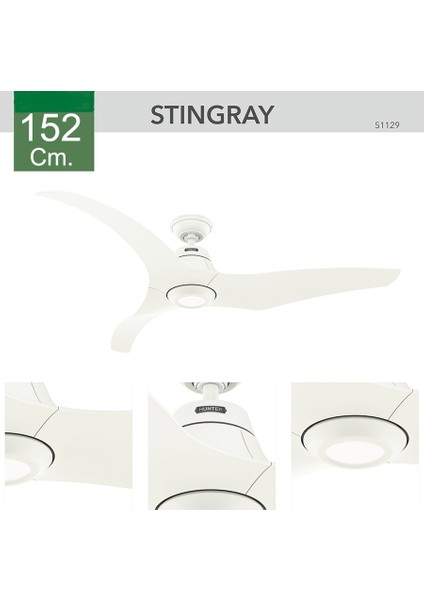 Stingray Porselen Beyazı - 152 cm . Dc Motor Aydınlatmalı ve Uzaktan Kumandalı Tavan Vantilatörü