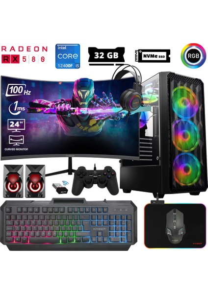 Abyss X4 I5 12400F 32GB Ram 512GB M.2 Nvme SSD 8gb RX580 256BIT 23.8" 100Hz Curved Oyuncu Bilgisayarı