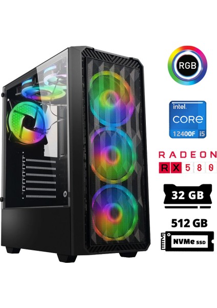 Abyss X4 I5 12400F 32GB Ram 512GB M.2 Nvme SSD 8gb RX580 256BIT 23.8" 100Hz Curved Oyuncu Bilgisayarı