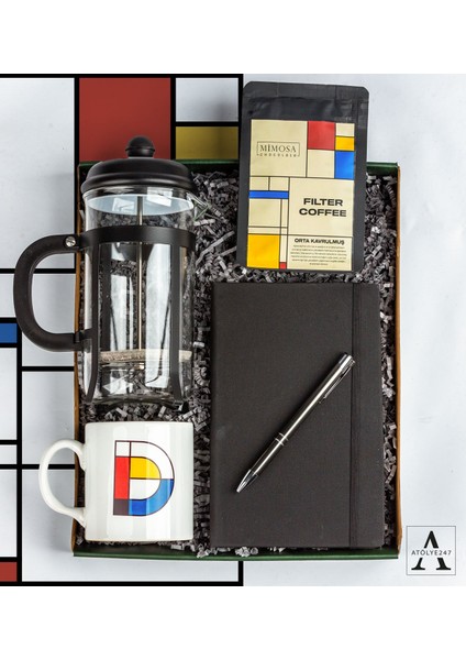 Kişiye Özel Mondrian Premium Hediye Seti- Beyaz Baskılı Kupa - Siyah Defter - Siyah Kalem - Cam French Press - Mimosa Filter Coffee