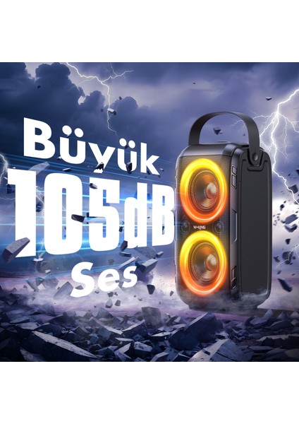 W-Kıng T9-2 Bluetooth Hoparlör 180W Partybox 24S Dinleme Işıklı Ipx5 Kablosuz Stereo Tws Ses Bombası Siyah