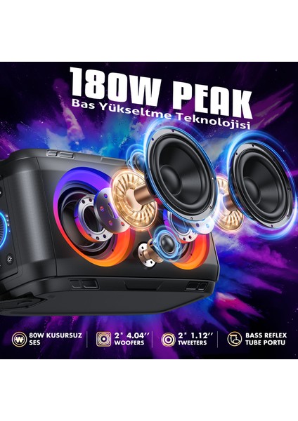 W-Kıng T9-2 Bluetooth Hoparlör 180W Partybox 24S Dinleme Işıklı Ipx5 Kablosuz Stereo Tws Ses Bombası Siyah