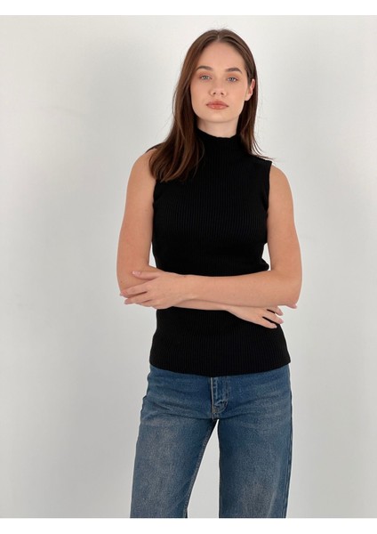 Boğazlı Kolsuz Triko Kadın Ince Kazak Women Sleeveless Knitwear