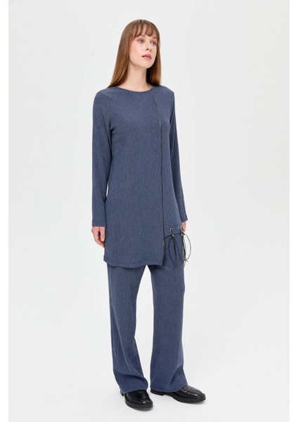 Deri Püskül Detaylı Pantolonlu Takım Indigo