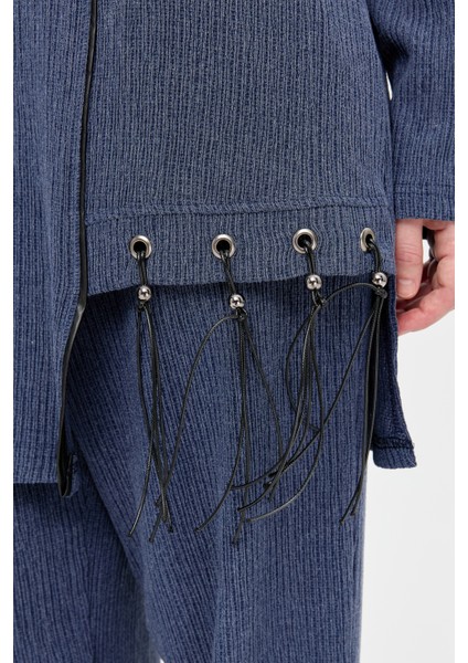 Deri Püskül Detaylı Pantolonlu Takım Indigo fırsatları