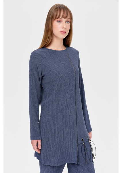 Deri Püskül Detaylı Pantolonlu Takım Indigo indirimleri