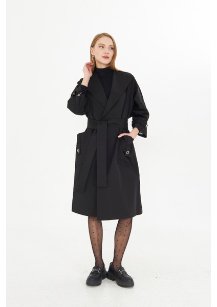 Astarı Desenli Çıtçıtlı Trençkot