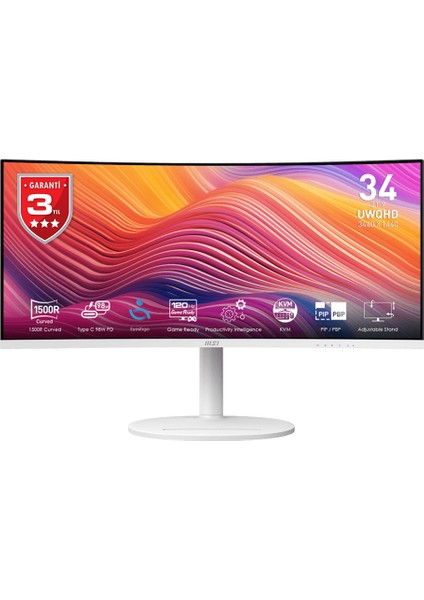 Msı 34" Modern MD342CQPW 3440X1440 (Uwqhd) Curve 1500R Va 120HZ 1ms Adaptıve-Sync Type-C Monıtor