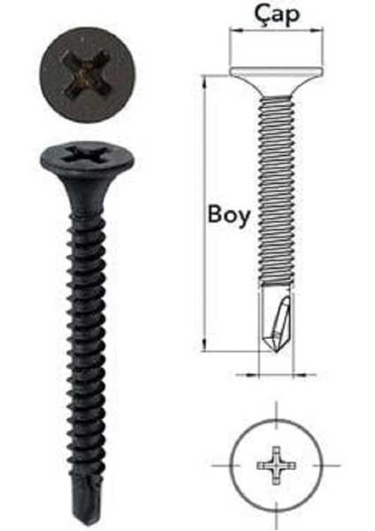 3.5 x 25 Borazan Başlı Matkap Uçlu Alçıpan Vidası Siyah 100 Adet fiyatları