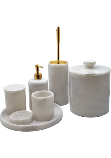Dekoratif Beyaz Mermer Gold Detaylı 7 Li Banyo Seti Takımı