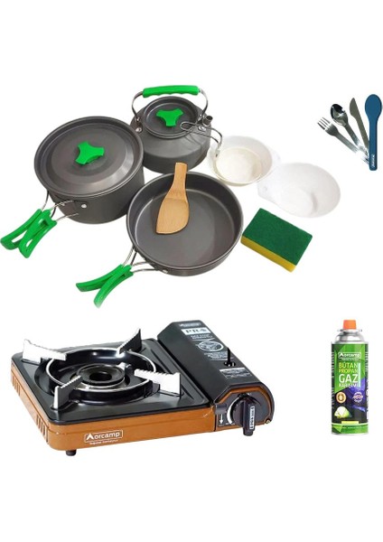 Tekli Portatif Ocak Turuncu+1 Adet Kartuş KTS-227+3 Parça Tencere Seti+Çatal-Kaşık-Bıçak Mavi ORC-012-D1