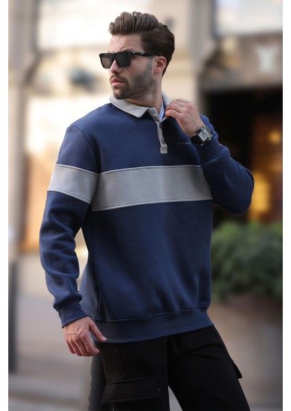 Lacivert Polo Yaka Renk Bloklu Erkek Sweatshirt 7072 modelleri