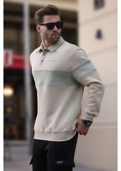 Bej Polo Yaka Renk Bloklu Erkek Sweatshirt 7072