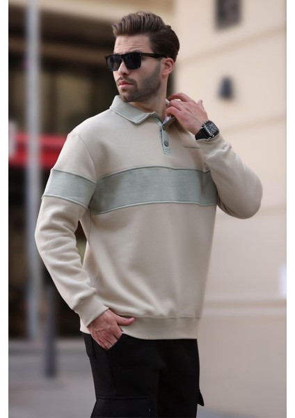 Bej Polo Yaka Renk Bloklu Erkek Sweatshirt 7072 fiyatları