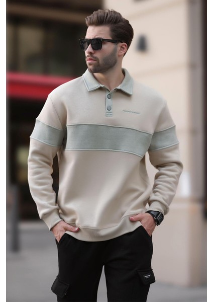 Bej Polo Yaka Renk Bloklu Erkek Sweatshirt 7072 modelleri