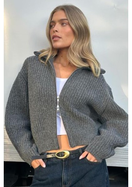 Antrasit Çift Fermuarlı Triko Hırka MG2256