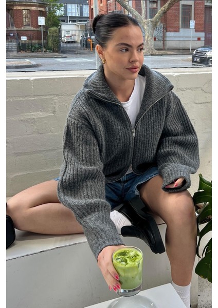 Antrasit Çift Fermuarlı Triko Hırka MG2256 modelleri