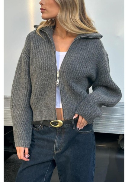 Antrasit Çift Fermuarlı Triko Hırka MG2256 fırsatları