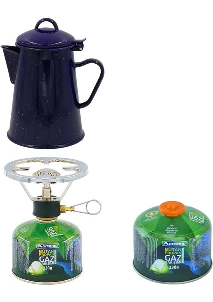 Orcamp Siboplu Kartuş Ocak+Tüp K-192-230+1 Adet 230 gr Tüp+Retro Emaye Demlik ORC-002-B1