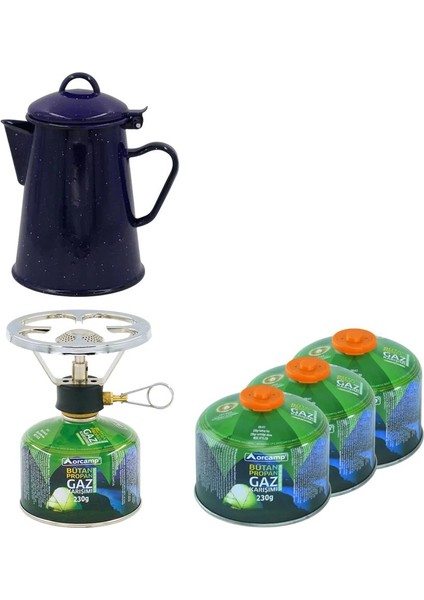 Siboplu Kartuş Ocak+Tüp K-192-230+3 Adet 230 gr Tüp+Retro Emaye Demlik ORC-002-B3