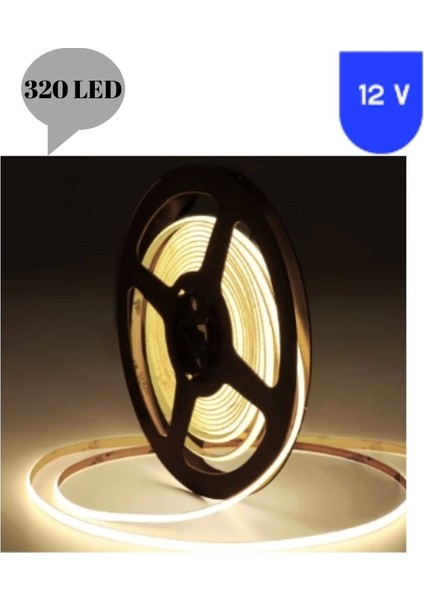 12 Volt 8 mm 320 Ledli Esnek Cob Şerit 4000 K Naturel Beyaz İç Mekan 5 Metre
