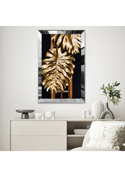 Gold Aynalı Pleksi Çerçeveli Gold Yaprak Görseli Tablo