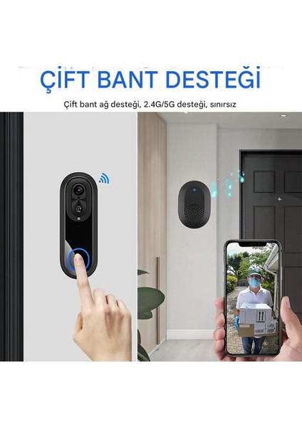 W5 Kapı Zili, Hd Görüntülü Kameralı Kablosuz Kapı Zili, İki Yönlü Konuşma, Akıllı Wifi Interkom, Ev İçin İki Yönlü Konuşma Uzun Pil Ömrü