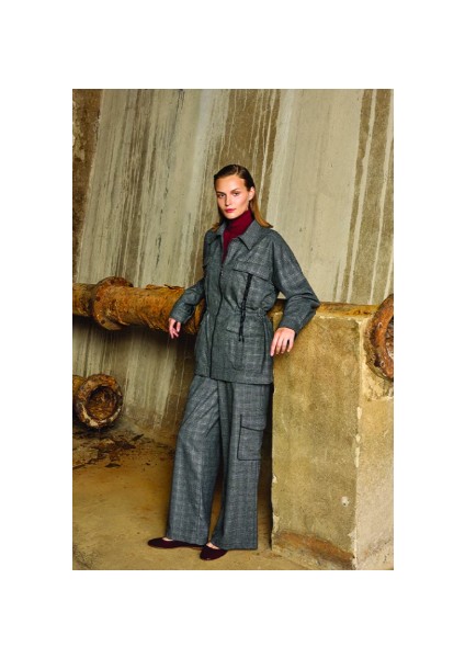 UW253005 Unıque Kareli Kumaş Cep Detaylı Uzun Ceket