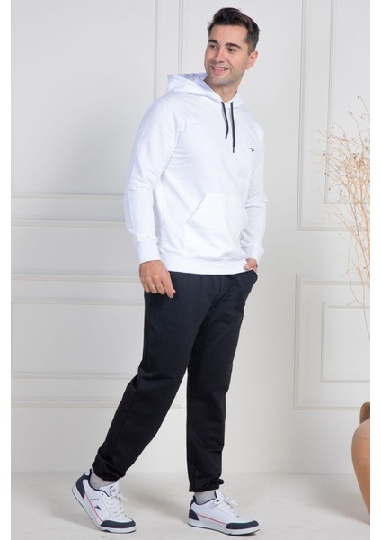Mecit 2975 Beyaz %100 Pamuk Kapüşonlu Spor Model Büyük Beden Erkek Pijama Takımı