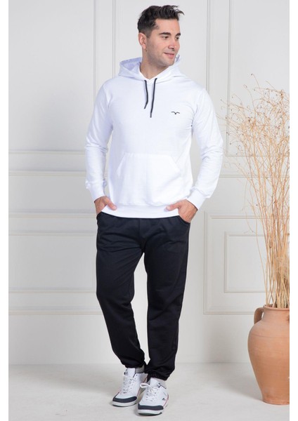 Mecit 2975 Beyaz %100 Pamuk Kapüşonlu Spor Model Büyük Beden Erkek Pijama Takımı