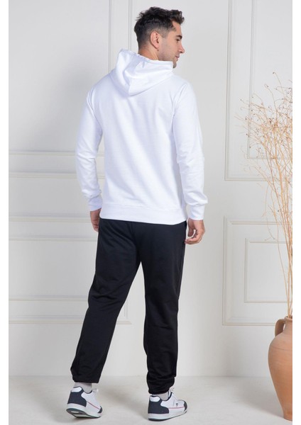 Mecit 2975 Beyaz %100 Pamuk Kapüşonlu Spor Model Büyük Beden Erkek Pijama Takımı