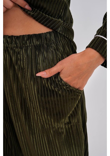 Mecit 6120 Yeşil Kadife Boydan Düğmeli Kadın Pijama Takımı fırsatları